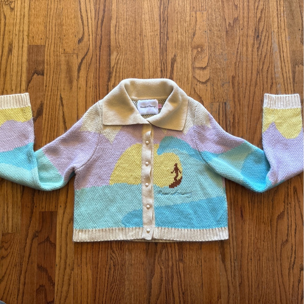 House Of Sunny Surfer Graphic Print Stretch Knit Cardigan Size 4 - Picture 3 of 16